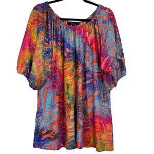 Calessa Peasant Tunic Top Stretch Textured Women’s 3X Vibrant Orange Blue Pink